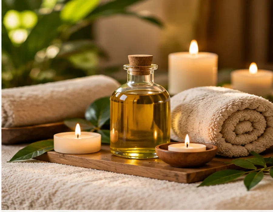 Warm spa setting with massage oils, candles, towels and greenery