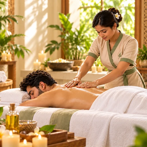 Massage oil, candles and towels prepared for a relaxing spa session
