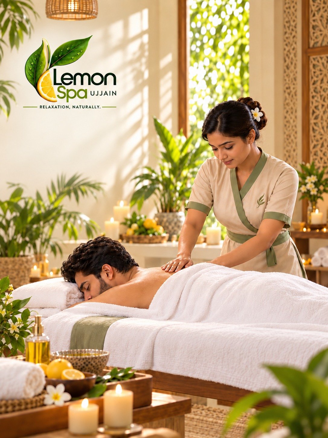Premium spa wellness setting with towels, flowers and warm stones